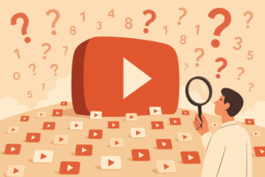 플랫 디자인 일러스트, 가로로 넓은 구도. 중앙에는 산처럼 거대한 유튜브 로고가 서 있고, 주변에는 수많은 작은 영상 썸네일들이 풍경처럼 흩어져 있다. 한 인물이 돋보기를 들고 감탄하며 로고를 올려다본다. 하늘에는 물음표와 숫자들이 떠다닌다