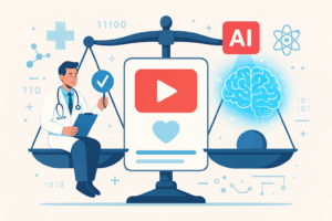 플랫 스타일의 가로형 일러스트. 한쪽엔 사람 의사, 다른 쪽엔 빛나는 AI 두뇌가 올려진 저울 위에 유튜브 영상이 떠 있는 모습.