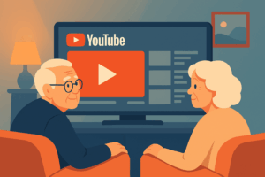 플랫 디자인의 가로형 일러스트. 거실 소파에서 유튜브를 시청하는 밝은 표정의 시니어 부부.